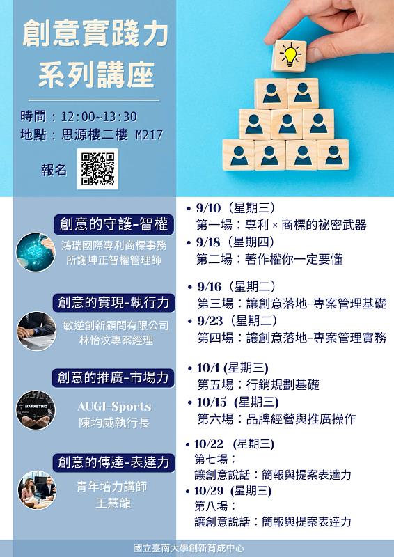 南大研發處創新育成中心規劃四大領域八堂課程,系統化提升學生創業實踐力。