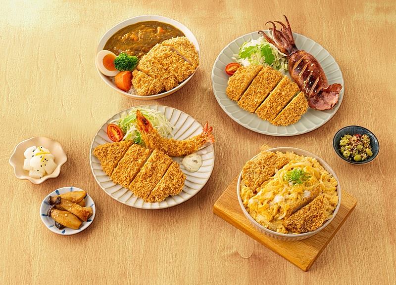 針對外帶和外送「品田牧場」即日起推出多款丼飯和雙拼品項，外帶價169元起，9月底前在foodpanda消費滿400元，即享65折優惠。（左後）香酥咖哩豬排丼、（左前）黃金豬排拼塔塔海老、（右後）黃金豬排拚炙燒魷魚、（右前）滑蛋豬排丼。