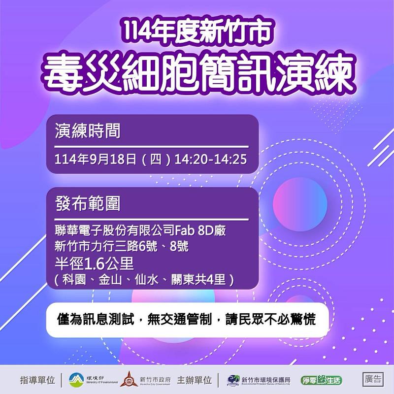 114年新竹市「毒災細胞簡訊演練」9/18發送。