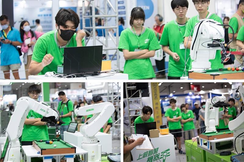 「智慧撞球組」運用上銀科技提供的機械手臂，依照「九號球規則」進行全自動對戰。
