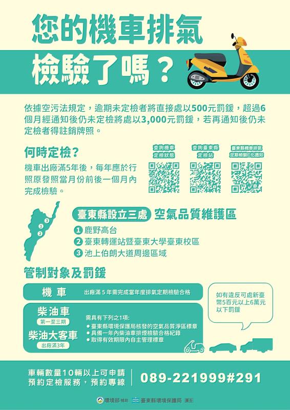 臺東縣環保局提醒機車出廠滿5年須每年完成排氣定期檢驗 避免罰鍰與牌照註銷