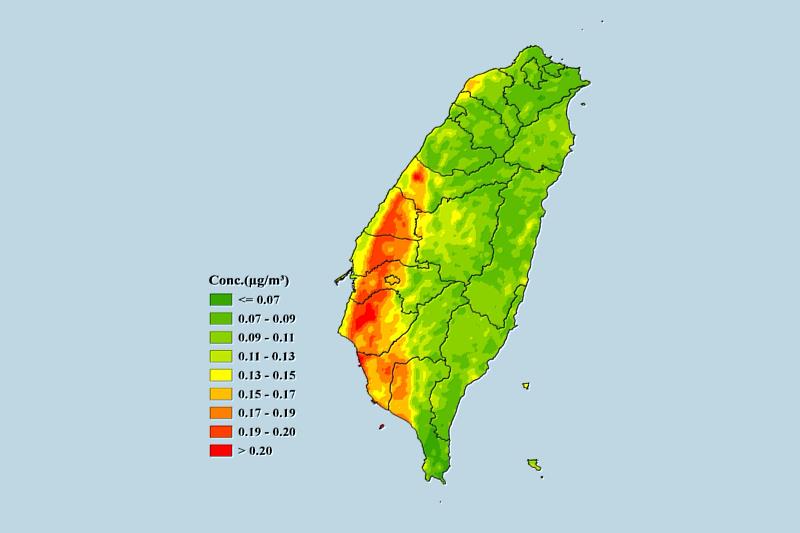 台灣地區PM2.5中K+成分的濃度分布,2022年3月(Huang et al., 2025)。林唐煌主任提供
