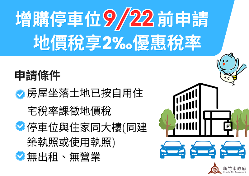 增購停車位9/22前申請，地價稅享2‰優惠稅率EDM