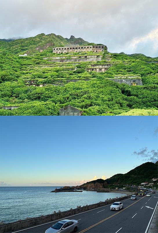 (上圖)水湳洞觀景台往上可望見「十三層遺址」,昔日為提煉金銀銅礦的選煉廠。(下圖)北部濱海公路沿線海景風光;往東可至鼻頭角燈塔,往西可至八斗子潮境公園。