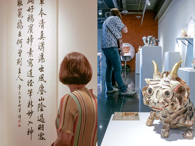 觀眾於光點藝術中心展覽現場駐足欣賞，沉浸在陶藝、書畫與彩繪交織的氛圍中，體驗鶯歌產地開放日的藝術生活節奏。