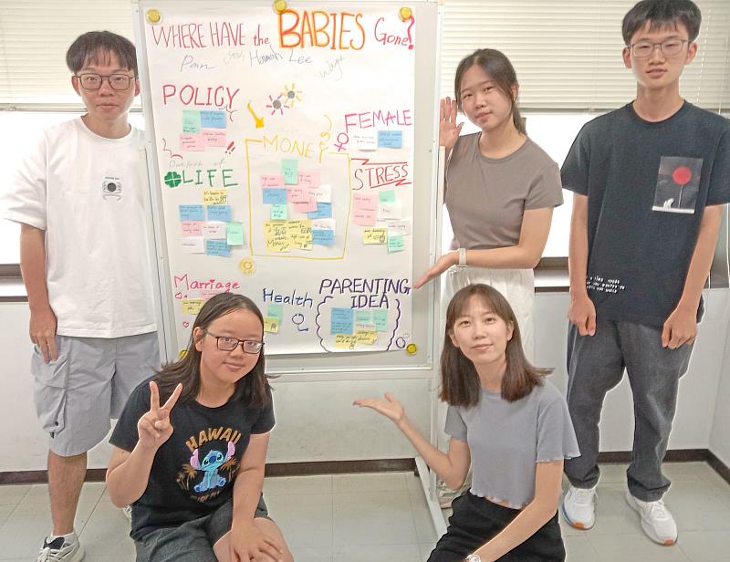 本校同學與多國學生跨文化交流進行分組討論。