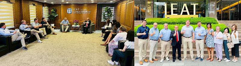 （左圖）IEAT秘書長黃文榮與美國東南地區州議會領袖訪問團針對台美東南經貿現況進行交流及分享。（右圖）IEAT秘書長黃文榮（左4）與美國東南地區州議會領袖訪問團成員合影留念。