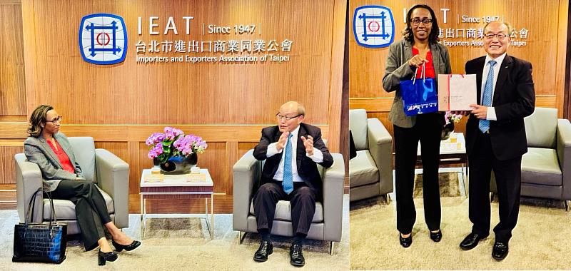 （左圖）IEAT秘書長黃文榮（右）與AIT商務組組長Janée Pierre-Louis（左）針對台美企業合作發展進行交流。（右圖）雙方於會後致贈禮品，開啟雙方未來友好合作關係。