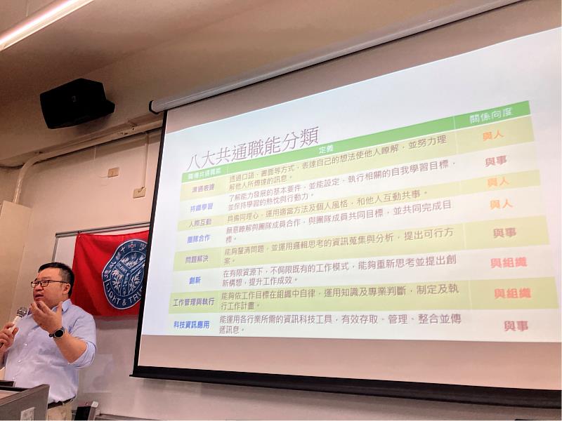 陳佳文講師向大一新生說明「八大共通職能分類」，協助同學認識未來職場所需的核心能力。