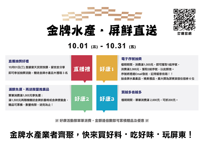 「金牌水產・屏鮮直送」活動檔期與優惠內容。