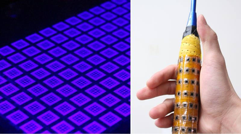 機械系特聘教授陳品銓團隊利用3D列印製作柔性感測器，並將其與羽毛球握把結合，即時測量人體動作與施力情形，可提升訓練效率並預防運動傷害。