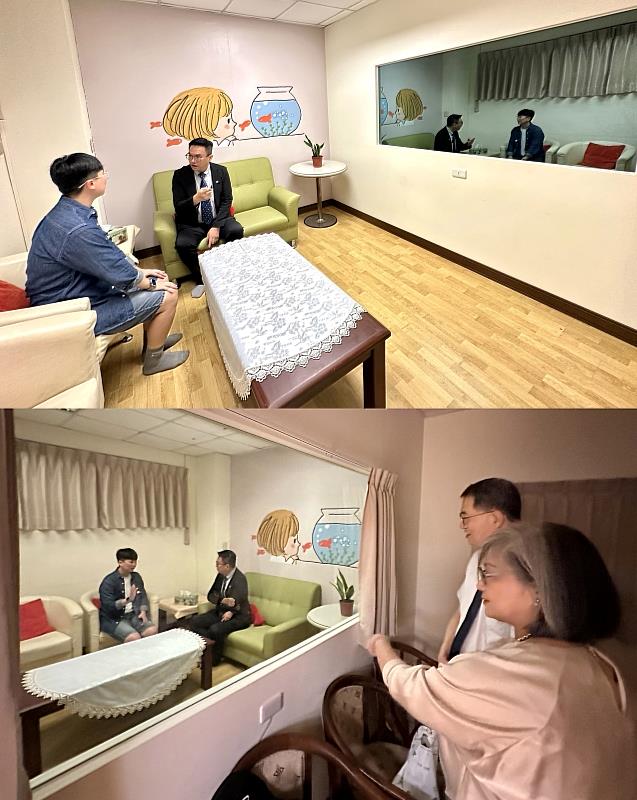暨大「穿山甲的療心室」的諮商室設有單向透視玻璃,便於督導人員進行即時的專業觀察與指導,同時確保諮商過程不受干擾。