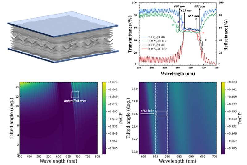 由Helfrich deformation引致的液晶層週期形變現象(左上);結構形變引致之頻譜邊界不匹配現象(右上);在布拉格反射頻譜兩側的圓偏振度振盪變化(左下);特定頻寬內的圓偏振度數值變化(右下)。(鄭恪亭提供)