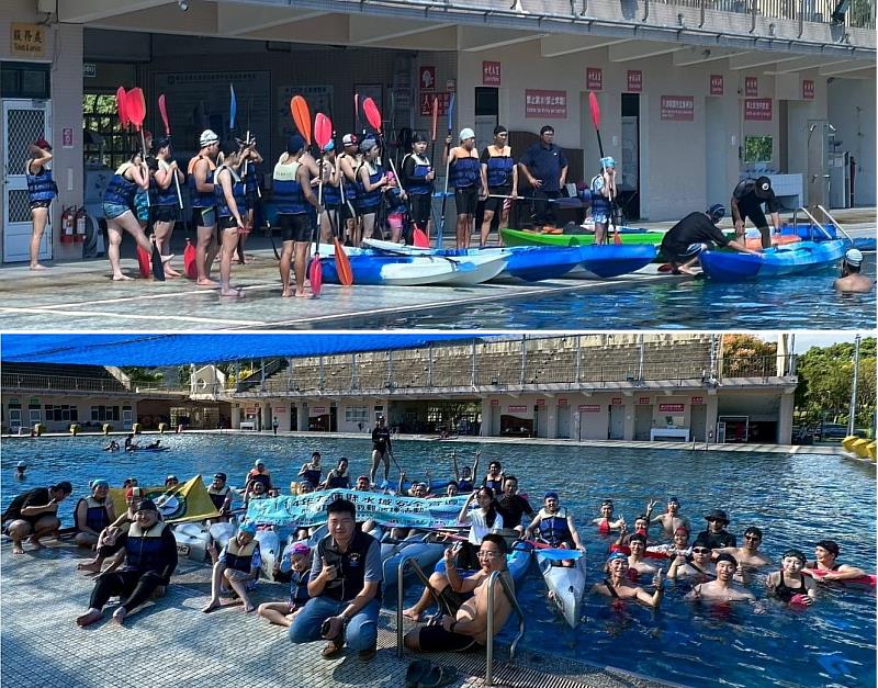 上圖：救生浮標水域安全救援岸上操作。下圖：水域安全宣導游泳池實地操作課程大合照。