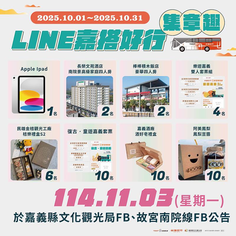 台灣好行故宮南院線暢遊嘉義15站，集章活動抽iPad、住宿券
