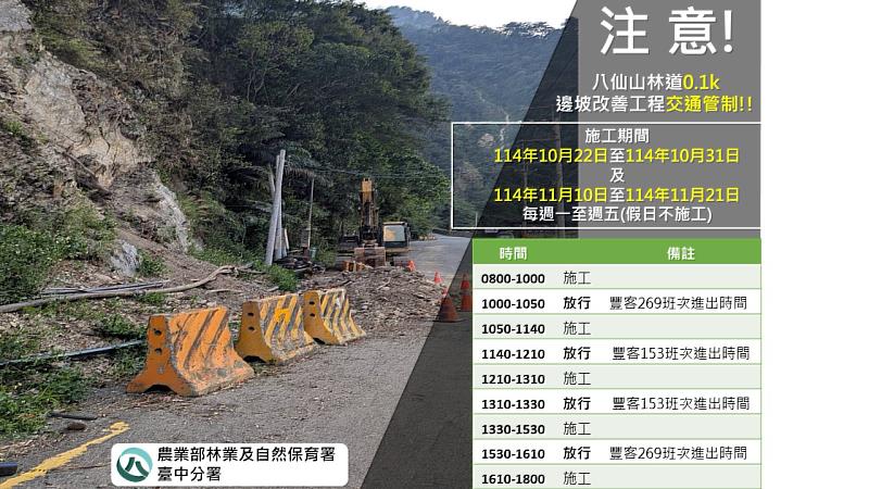 八仙山林道0.1K邊坡改善工程交通管制時間表