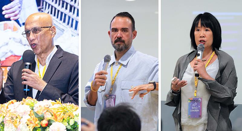 大會安排3場重量級主題演講，左起：蘇哈爾（Prof. Sohail Inayatullah）、John Sweeney、Karla Congson 。（圖／淡江大學提供）