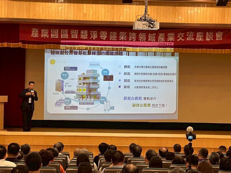 在一起永續創辦人薛煒立於簡報中解析「節能 × 創能 × 儲能 × 智能」的四大策略，說明淨零建築如何透過AI能源管理與立面發電設計，實現「碳排與電費同步下降」的新永續模式。