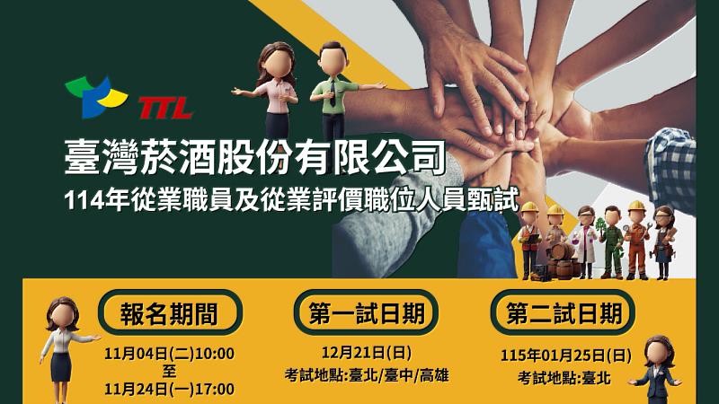 臺灣菸酒委託銘傳大學辦理「114年從業職員及從業評價職位人員甄試」。