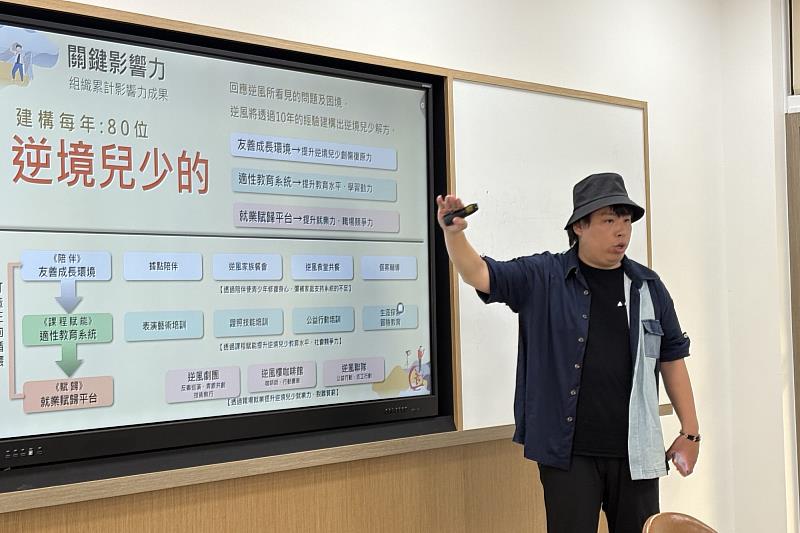 成瑋盛團長以真實案例說明逆風劇團如何運用 SROI（社會報酬率）方法，呈現青少年成長與生命轉化的歷程。