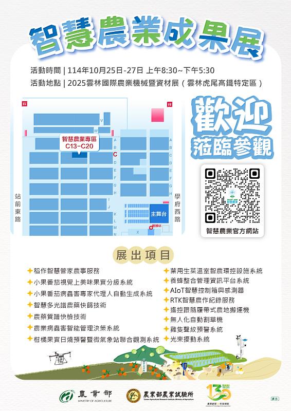 農業部農業試驗所於雲林農機展C區13-20，設置「智慧農業專區」展示15項落地應用技術，歡迎蒞臨參觀。