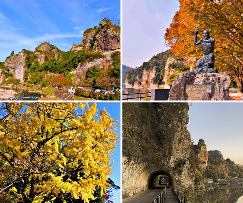 競秀峰是耶馬溪的代表景點,以巨峰、奇岩群綿延著稱,山腳下的青之洞門,是江戶時代修行僧禪海和尚花了整整30年時間只使用鑿子和錘子鑿出了一條全長342m、高3m隧道