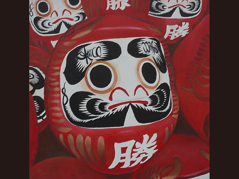 鮮紅達摩象徵永不言敗的意志,細膩筆觸描繪出信念與希望交織的能量。