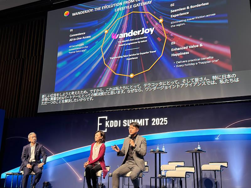 WanderJoy於KDDI Summit 2025正式發表，台灣大個人用戶事業商務長暨WanderJoy副主席林東閔代表出席，分享台灣大在跨境電信與旅遊整合生態圈中的角色。
