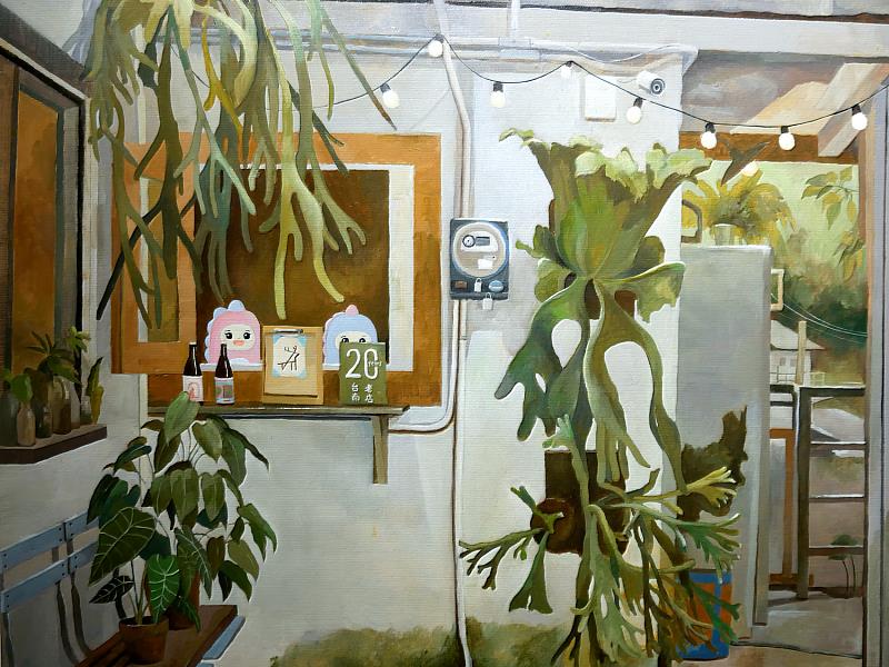 〈寶藏巖・躲貓貓〉系列局部，作品結合家庭生活與城市觀察，藝術家將孩子化為畫中角色，展現溫暖與童趣並存的敘事風格。