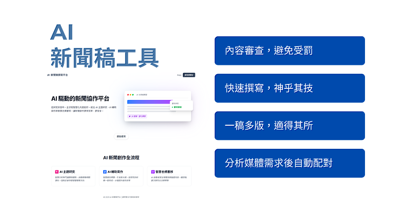 捷思整合行銷公關團隊開發AI新聞稿撰寫平台，可快速生成並優化內容，更加入法規審查與內容安全檢測驗證，搭配專業公關把關，提升媒體公關服務效率及成果。（資料來源：捷思整合行銷股份有限公司）