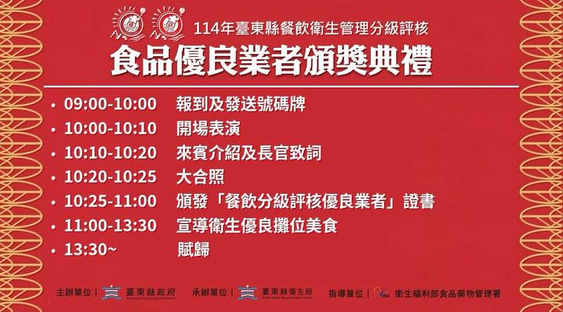 臺東縣114年餐飲衛生分級優良業者頒獎典禮11/9登場