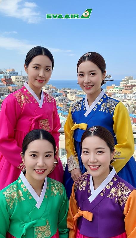 為慶祝長榮航空在今年開航達拉斯及釜山，展場特別設置「AI生成拍照區」讓民眾一秒化身成帥氣的牛仔及體驗韓服風情。（空服員拍攝後立刻身穿韓服置身當地美景）