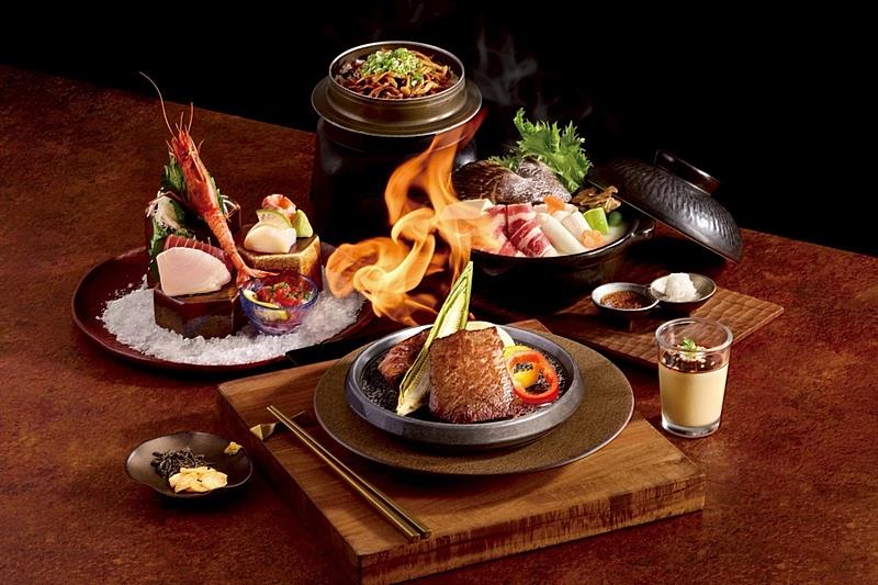 （左起順時針）季節刺身盛合、現炊蕈菇釜飯、旬魚海陸相撲鍋、手作日式布丁和極炙火焰牛排。