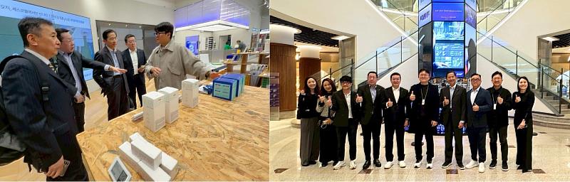 左：Solum展廳展示電子標籤與AI零售技術。右：考察團與Solum Healthcare團隊合影。