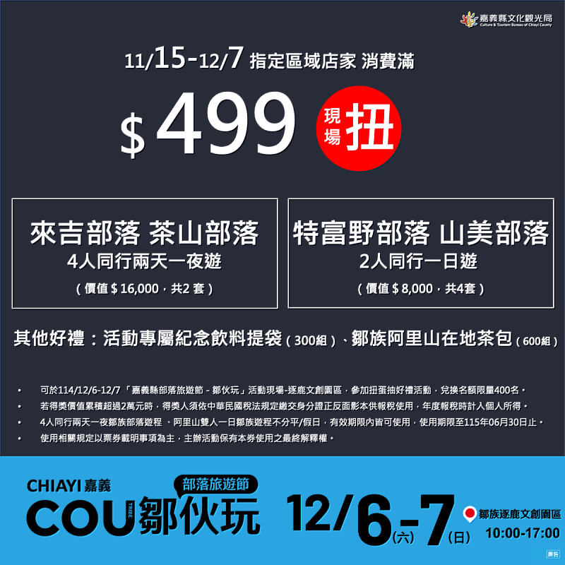 嘉義縣4大景點獲「觀光亮點獎」 部落旅遊節推限時加碼抽大獎