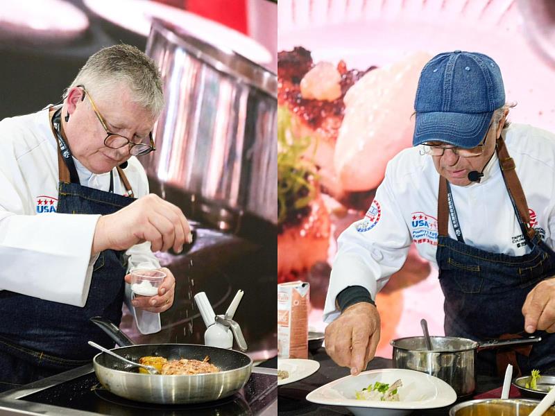 來自法國布列塔尼的米其林一星主廚Loïc Le Bail （左）和 米其林二星主廚Patrick Jeffroy（右）現場以美國雞肉進行示範料理，展現其精湛技藝與美國雞肉的高品質特色。