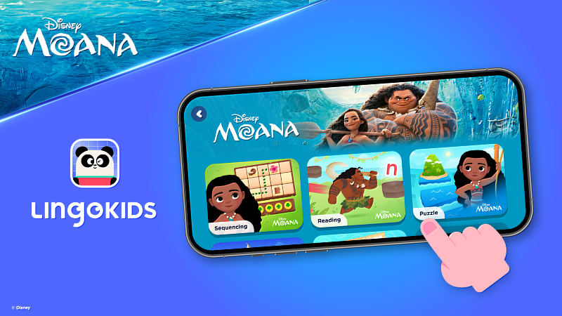 圖為Lingokids應用程式內《海洋奇緣》教育活動畫面。孩子們藉由編碼邏輯幫助莫阿娜航行，並透過語言謎題，提升問題解決和詞彙能力。