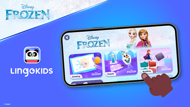 圖為Lingokids應用程式內《冰雪奇緣》教育遊戲畫面。孩子們在白雪森林中冒險，並透過奧拉夫的迷宮挑戰，訓練解決問題與排序能力。
