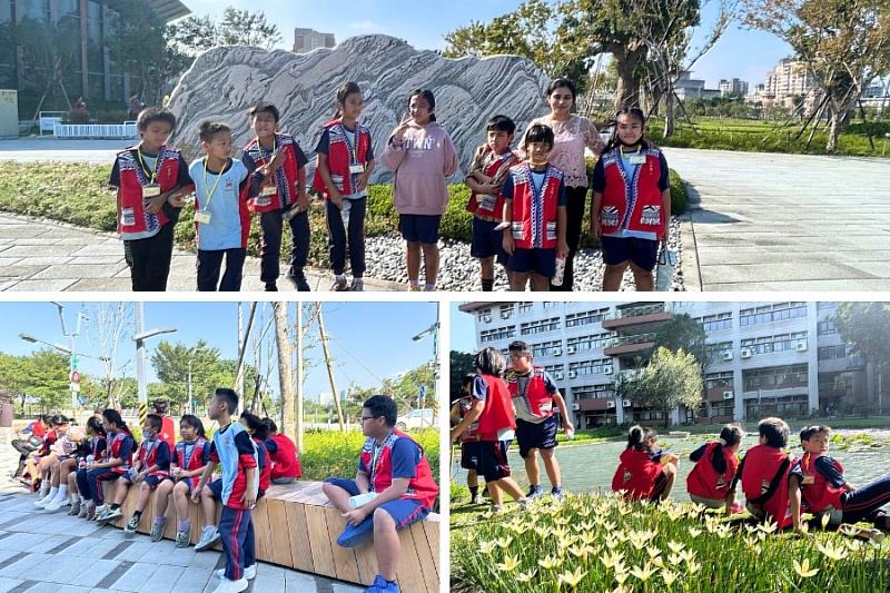 山美國小的孩子們開心探索逢甲大學校園，對共善樓、體育館、球場與學思湖等寬敞空間充滿好奇與驚喜。