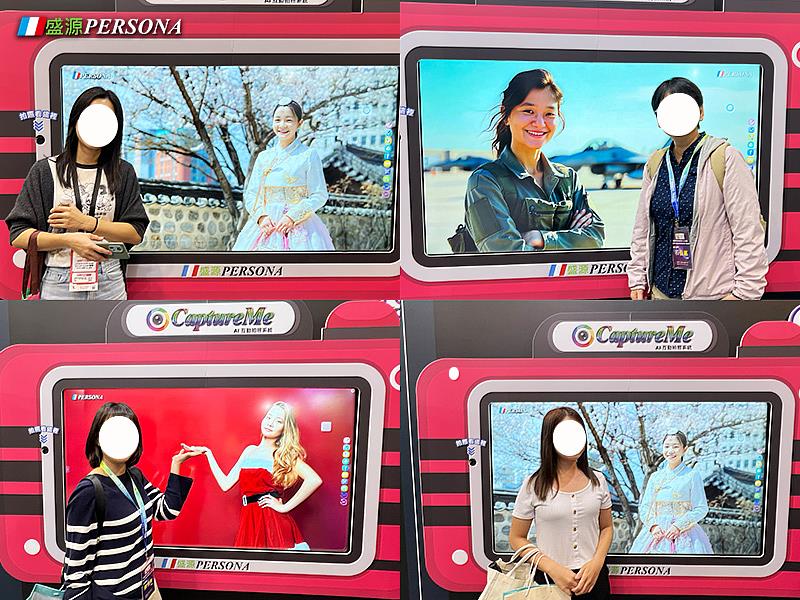 參觀者使用CaptureMe AI換臉功能，即時變身為多款角色造型，體驗深度生成技術帶來的趣味互動與沉浸式影像效果。