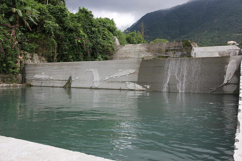 工程設施融入牛稠溪常見臺灣鬚鱲、臺灣石賓、鯝魚圖騰。