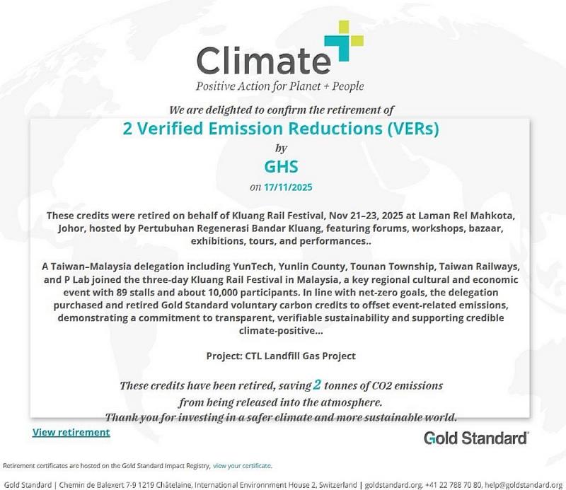 本次國際交流完成Gold Standard（GS-VER）2噸碳額度註銷。