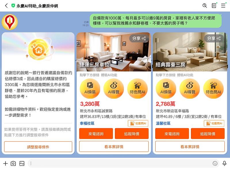 實測「永慶AI特助」找房問AI功能，民眾不用提供精準找房條件，AI也能從海量房源中推薦最速配物件。示意圖/永慶房屋提供