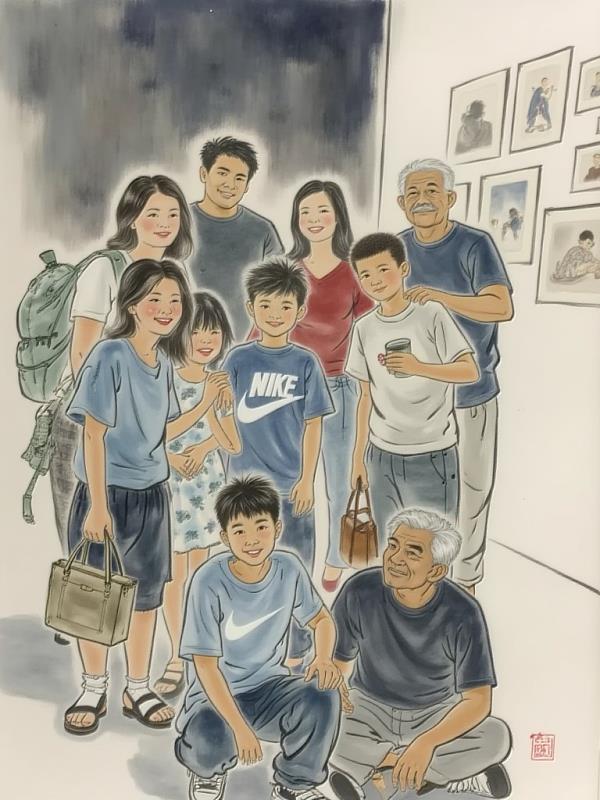 「藝術家風格演算」AI互動體驗，民眾全家人都成為了藝術家蔡草如的筆下人物。（南美館提供）