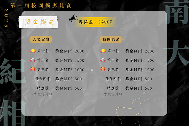 南大「南大紀相」攝影比賽提供多項獎金與獎項，鼓勵師生踴躍投稿，透過影像留下專屬於南大的精彩畫面。