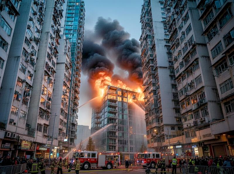 高層建築火災沿外牆快速延燒，呈現「複合式災害」特徵，突顯即時監控的重要性。
