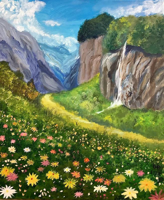 五彩繽紛的花朵在藍天白雲下絢麗綻放，充滿生命厚度，SMA病友沈永德第一次挑戰大尺寸畫布，創作過程需要家人協助旋轉畫布，才能讓他以不同角度繼續創作。