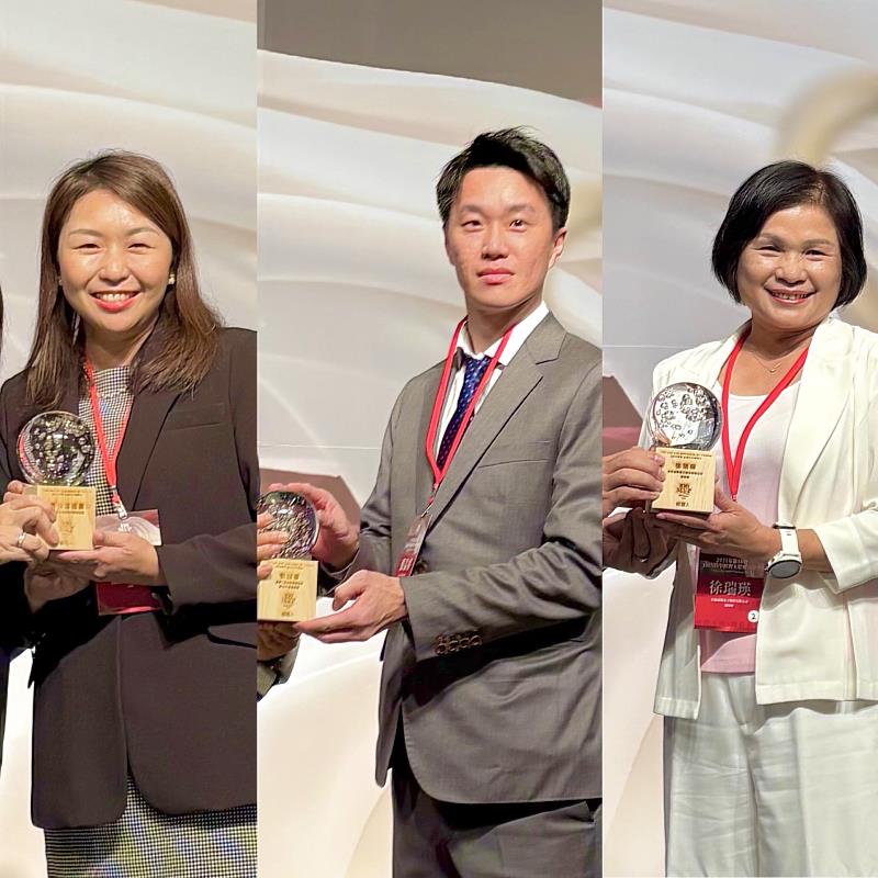 2025 MVP100台灣百大經理人：金匯國際物流總經理曾偉華獎項由親妹曾嘉誼女士（左起）代領、金駿工業副總張益睿先生、貝爾威旭總經理徐瑞瑛女士。
