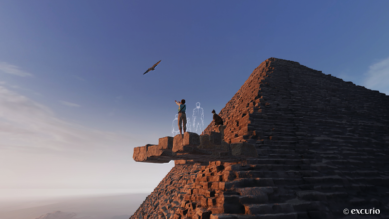 XR沉浸玩家《消失的法老》透過VR頭顯，帶領觀眾登上金字塔頂端。（圖片版權：excurio）