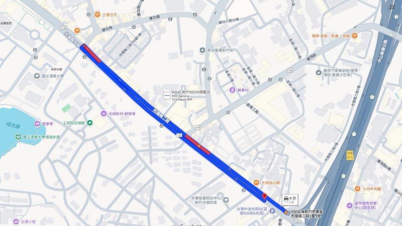 圖說4. 替代路線：於新竹交流道出口往新竹方向駛離→光復路二段與建功路口迴轉往竹東方向